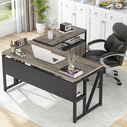 Tribesigns Grey Executive Desk with Cabinet, 55" L Shaped Computer Desk and lateral File Cabinet with Locks, 2 Piece Home Office Furniture Set for Hanging - color: Grey, size: 55 inches