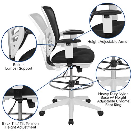EMMA + OLIVER White Mid-Back Mesh Drafting Chair | Adjustable Foot Ring, 360° Swivel, Height Adjustable, Commercial Grade - color: Black Mesh/White Frame