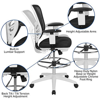 EMMA + OLIVER White Mid-Back Mesh Drafting Chair | Adjustable Foot Ring, 360° Swivel, Height Adjustable, Commercial Grade - color: Black Mesh/White Frame