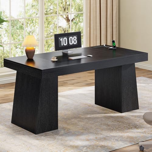 UPOSOJA 55.9" Executive Desk with Storage & Power Outlets, Home Office Desk - color: Black, size: 55.9in Cabinet
