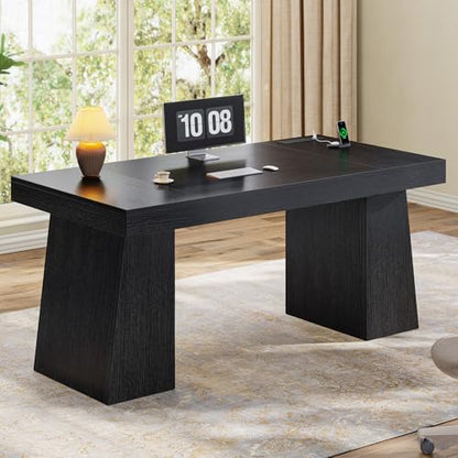 UPOSOJA 55.9" Executive Desk with Storage & Power Outlets, Home Office Desk - color: Black, size: 55.9in Cabinet