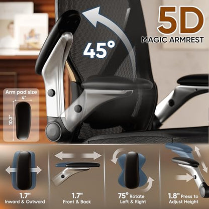 Ergonomic Office Chair, Big and Tall Mesh Chair with Adjustable Lumbar Support, 5D Arms & Wide Seat, 135° Recline Home Desk Computer Chairs for Work Gaming, Heavy Duty,400LBS - Black - color: Black
