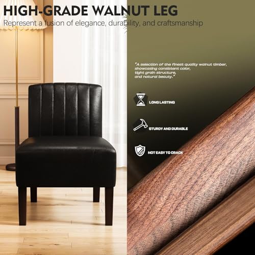 VIRRMO Armless Accent Chairs Set of 2 Upholstered Dining Chairs Living Room Chairs with Solid Wood Legs Bedroom Chair Leather Reading Chair Comfy Chair for Bedroom Vanity Kitchen (Black) - color: Leather-black