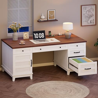 Garvee 60" Wooden Home Office Desk with File Drawers, Executive Desk with Adjustable Cabinet, Farmhouse Wood Desk with Power Outlet, Distressed Study and Work Table, Rustic White - color: Rustic White, size: 60" W