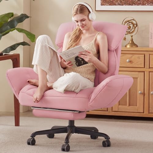 Dowinx Cross Legged Office Chair with Pivoting Armrests,Criss Cross Chair with Pocket Spring Seat & Back,Reclining Computer Gaming Chair with Footrest and Metal Base (Pink) - color: Pink