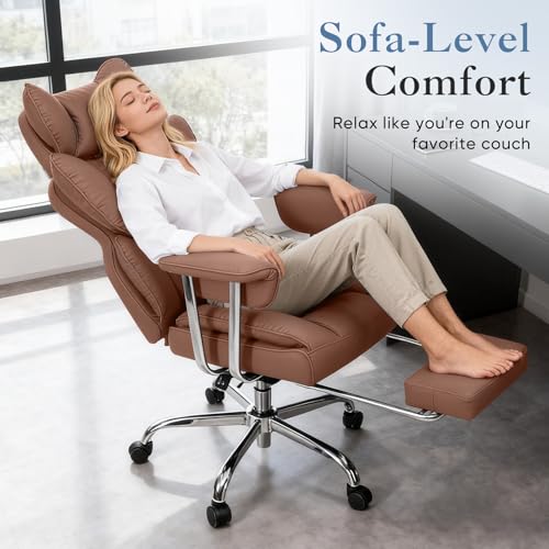 DUMOS Big and Tall Home Office Desk Chair, Executive Chair with Footrest - color: Brown, size: Fix Armrest