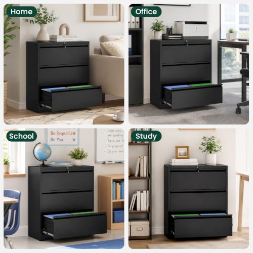 3 Drawer Lateral File Cabinet, Metal Filing Cabinet for Home Office, Black | Heavy-Duty Steel Locking Large File Cabinet, Hanging Letter/Legal/A4 Size, Full-Extension Silent Drawer, Un-Assembly - color: Black, size: 3 Drawers (35.43 in Width)