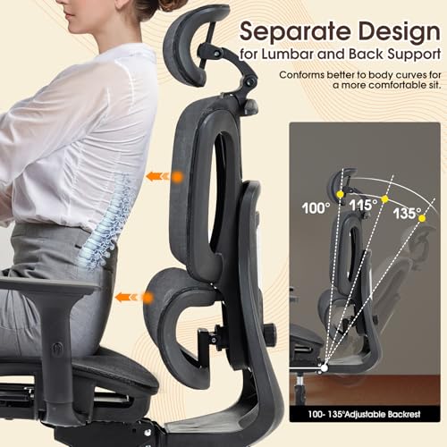 Black Ergonomic High Back Mesh Office Chair with Footrest | Adjustable Lumbar Support, Headrest, 360° Swivel, Reclining, Rolling Casters, Sturdy Base, for Home Office & Gaming - color: Black, style: Upgrade w/ footrest