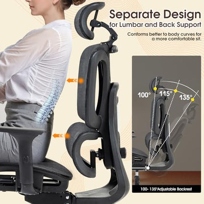 Black Ergonomic High Back Mesh Office Chair with Footrest | Adjustable Lumbar Support, Headrest, 360° Swivel, Reclining, Rolling Casters, Sturdy Base, for Home Office & Gaming - color: Black, style: Upgrade w/ footrest