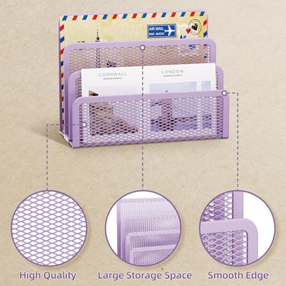 Marbrasse Mail Organizer for Desk, 3-Slot Mesh Metal Mail Holder countertop, Letter Holder, Office Desktop Envelope and Document Storage Rack (Purple) - color: Purple