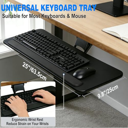 Keyboard Tray Under Desk,Adjustable for Height and Tilt, Adjustable Computer Keyboard & Mouse Platform Tray,25"W x 9.8"D Surface, Ideal for Home and Office Use