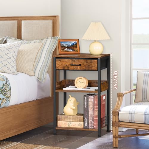 Lerliuo End Table with Fabric Drawer,3 Tier Industrial Wood Side Table with Storage,Modern Tall Printer Stand,Vintage Brown Nightstand,Rustic Bedside Tables for Living Room Bedroom Small Spaces | Three-tier printer stand with fabric drawer and two shelves