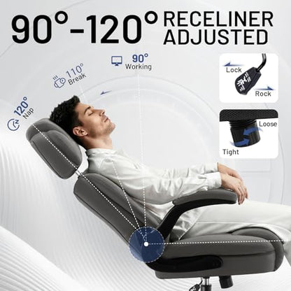 Ergonomic Office Chair with Lumbar Support, 400lbs Heavy Duty Big and Tall Executive Desk Chair, PU Leather High Back Computer Chair with Flip-Up Arms & Adjustable Headrest, Gray - color: Grey, size: Adjustable Headrest Office Chair