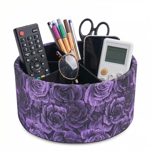 Remote Control Holder, 360°Spinning PU Leather Desk TV Remote Caddy,Desk Storage Box Room Accessories for Controller, Media,Mail,Calculator, Mobile Phone,Pencil(1-B3D Purple) - color: 1-Big 3D Rose Purple