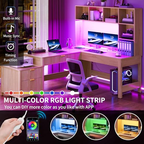 YITAHOME L Shaped Desk with Hutch & Drawers, Natural Oak, 67" | Computer Desk Gaming Desk, Power Outlets & LED Lights, Wood Home Office Desk with Printer Stand