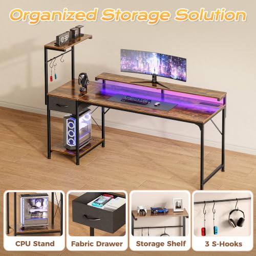 PRAISUN 63 Inch Gaming Desk with LED Lights & Power Outlets - color: Rustic Brown, size: 63 Inch