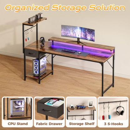 PRAISUN 63 Inch Gaming Desk with LED Lights & Power Outlets - color: Rustic Brown, size: 63 Inch