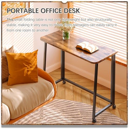 4NM 31.5" Mobile Small Folding Desk, Foldable Rolling Computer Home Office Desk, Study Writing Table for Small Space Saving Bedroom, with Wheels - Rustic Brown and Black - color: Rustic Brown and Black, size: 31.5"W x 15.7"D