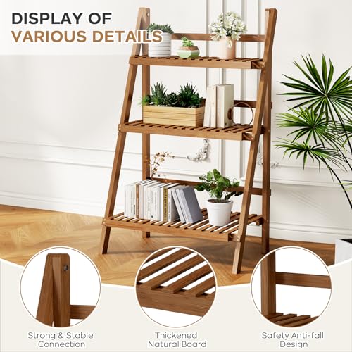 Ladder Shelf, Foldable Plant Shelf Stand, 3-Tier Bamboo Bookshelf, 39.4In - color: 3-tier Walnut
