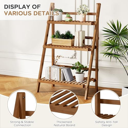 Ladder Shelf, Foldable Plant Shelf Stand, 3-Tier Bamboo Bookshelf, 39.4In - color: 3-tier Walnut
