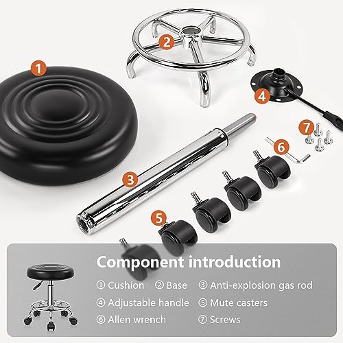KKTONER PU Leather Modern Round Rolling Stool with Footrest Height Adjustable Spa Drafting Salon Tattoo Work Massage Stools Task Chair Small (Black) - color: Black