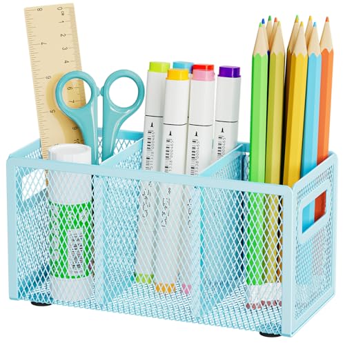 Marbrasse Mesh Pen Holder for Desk, Pencil Holder Desk Organizer 3 Adjustable Compartments, Pencil Cup with Handle Perfect for Classroom, Office, Home, Makeup, Art (Blue) - color: Blue