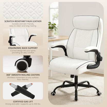 White Office Chair 400lbs, Modern Executive Desk Chair with Lumbar Support, Comfortable Computer Chair with Flip-up Armrests, Adjustable Height Swivel Reclining Chair for Home Office, Faux Leather - color: White-large