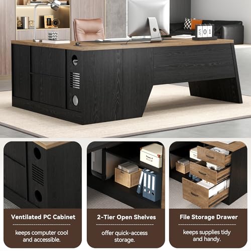L-Shaped Executive Desk with Drawer, Oak Black | 78Inch Large Home Office Desk, Large Modern Home Office Desk, Big Wooden Business Furniture for CEO Boss - color: Oak