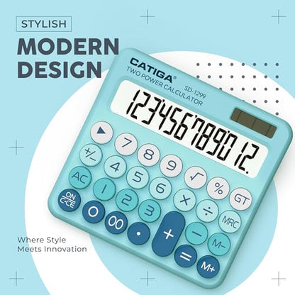 CATIGA Mechanical Switch Calculator with Solar and Battery Dual Power, 12-Digit Large LCD Display, Aesthetic and Cute Desktop Calculator with Big Button, for Home, School and Office Use, SD-1299 - color: Z) Aqua Blue