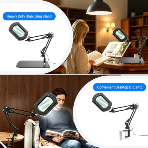 WEEOATAR 15X Lit Magnifying Glass Led Magnifier with Stand, Foldable, 5 Color Modes, Stepless Dimming, 2 in 1 Magnifier for Desk and Clamp for Reading, Sewing and DIY (Round) - style: Round