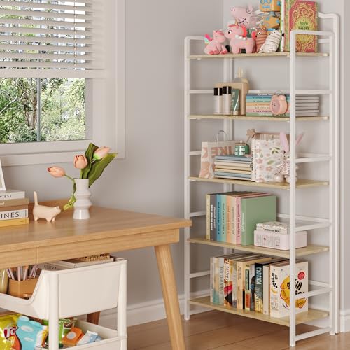 JSB 5 Tier No Assembly Folding Bookshelf, Arched Bookshelf, Foldable Bookcase for Living Room, Bedroom, Office,Skinny Bookshelf (White) - color: White, size: 5-Tier