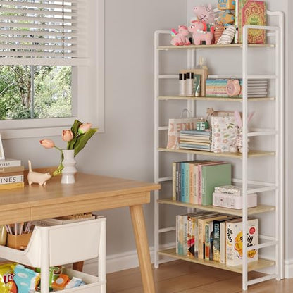 JSB 5 Tier No Assembly Folding Bookshelf, Arched Bookshelf, Foldable Bookcase for Living Room, Bedroom, Office,Skinny Bookshelf (White) - color: White, size: 5-Tier