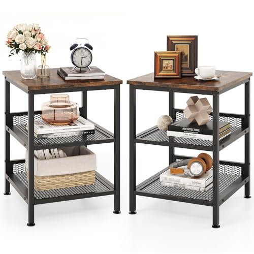 GIANTEX 3-Tier End Table Set of 2, Industrial Telephone Table with 2 Mesh Storage Shelves, Metal Frame, 16 Inch Square Sofa Side Table Nightstand for Living Room, Bedroom, Small Space, Rustic Brown - color: Rustic Brown