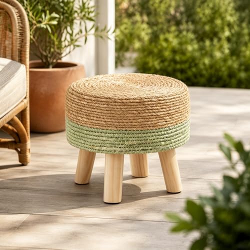 Wimarsbon Round Foot Stool Natural Seagrass Poufs Ottoman Hand Weave Footrest Stool for Couch Desk Extra Seat Step Stool with Solid Wood Legs for Hallway Patio Lounge Green - color: Green, size: 13"D x 13"W x 10.6"H