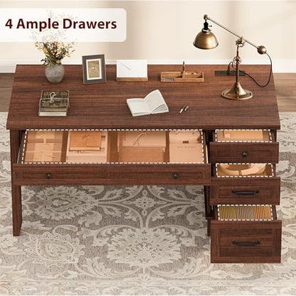 GarveeHome Executive Desk with Drawers, Farmhouse Home Office Desk with Charging Station, 53.54 in Wooden Computer Desk with File Cabinet Storage for Work Study Writing,Walunt Brown - color: Walunt Brown