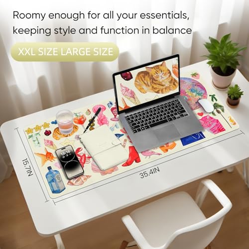 Desk Mat, Leather Desk Pad Blotter Protector, XXL Large Mouse Pad,Computer Laptop Mouse Pads for Desktop,Waterproof Writing Anti-Slip Mousepad for Office and Home I Cream Trendy Stickers - color: Cream Trendy Stickers