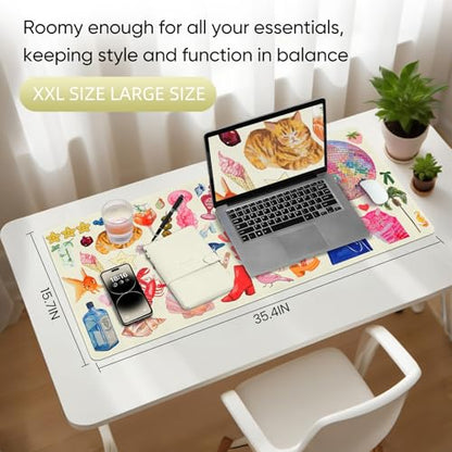 Desk Mat, Leather Desk Pad Blotter Protector, XXL Large Mouse Pad,Computer Laptop Mouse Pads for Desktop,Waterproof Writing Anti-Slip Mousepad for Office and Home I Cream Trendy Stickers - color: Cream Trendy Stickers