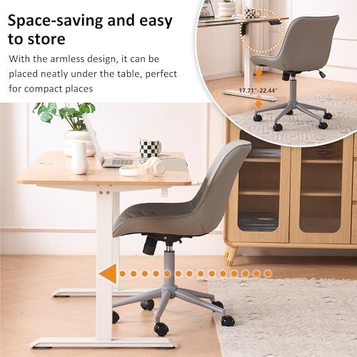 YOUNIKE Faux Leather Office Desk Chair Comfy Vanity Chair Armless Grey | Ergonomic Upholstered Rocking Back, Swivel with Wheels, Height Adjustable, Modern Task Chair For Computer Sewing Drafting - color: All Grey