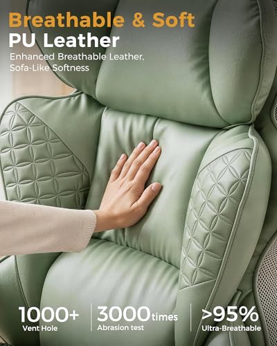 COMHOMA Big and Tall Office Chair Heavy Duty Gaming Chair with Deluxe Embossing Leather High Back Wider Ergonomic Computer Chair with Foot Rest 145°Reclining Pocket Spring Lumbar Support - color: Sage Green