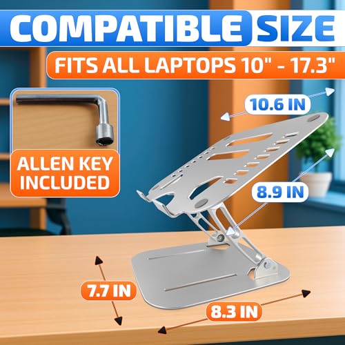 V TOWER Aluminium Laptop Stand for Desk with Adjustable Height and Angle | Adjustable Laptop Stands with Ventilation Slots, Anti-Slip Silicone Pads, Foldable Frame, for Devices from 10 up to 17.3 in