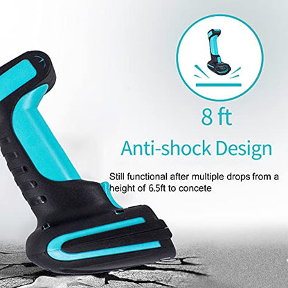 Alacrity 2D 1D QR Industrial Barcode Scanner with Stand, 2.4GHz Wireless Bluetooth 2 in 1, Hands Free Barcode Reader Shock Dust Proof, Blue