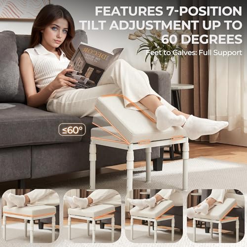 Adjustable Ottoman Pouf Footrest, 60 Degree Tilt, Beige | 4-Height, 28 Positions, Iron frame, Foam Cushion, 15.74 x 11.81 x 13.34 in, Under Desk, Living room, Home Office - color: Beige