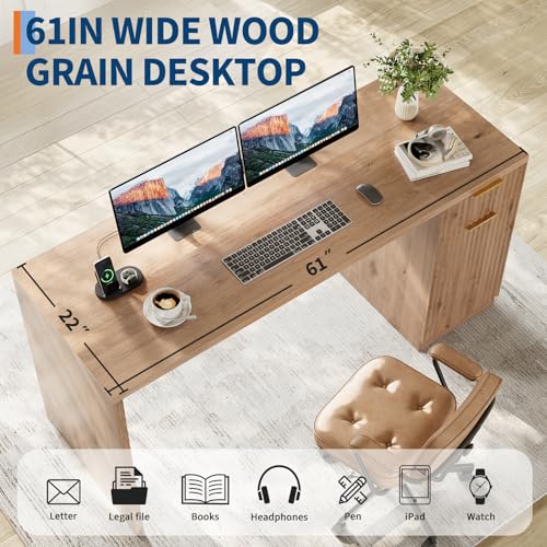 Garvee Executive Desk with Drawer and Power Outlet, 61" Large Farmhouse Computer Desk Home Office Wood Executive Desk with Adjustable Shelf for Work Study Writing, Oak - color: Oak