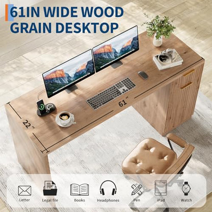 Garvee Executive Desk with Drawer and Power Outlet, 61" Large Farmhouse Computer Desk Home Office Wood Executive Desk with Adjustable Shelf for Work Study Writing, Oak - color: Oak