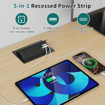 QBA Recessed Power Strip with USB C 20W, Flush Mount Power Outlet with 2 AC Outlets 3 USB Ports, Desktop Charging Station for Nightstand Furniture Conference Table, Black - color: Black-2C1A