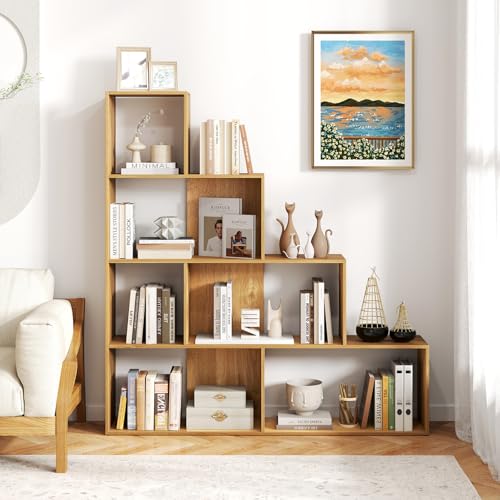 4 Tier Bookshelf, L Shaped Ladder Corner Bookshelf, 6 Cubes Stepped Etagere Bookcase, 10 Shelves Storage Display Rack for Living Room Home Office Hallway (Natural) - color: Natural