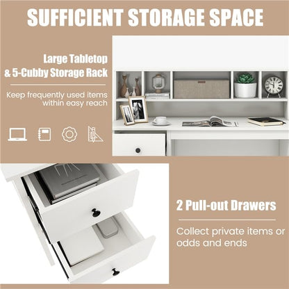 LDAILY Modern Home Office Desk with Hutch, Office Desk with USB Charging Ports and Power Outlets, Computer Desk with 5 Storage Cubbies and 2 Drawers, Writing Study Desk for Bedroom (White) - color: White