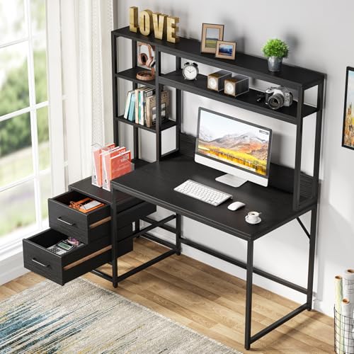 Tribesigns 55 Inch Computer Desk with 2 Drawers and Storage Shelves, Rustic Office Desk with Hutch, Study Writing Gaming Table Laptop Workstation for Home Office (Black) - color: Black