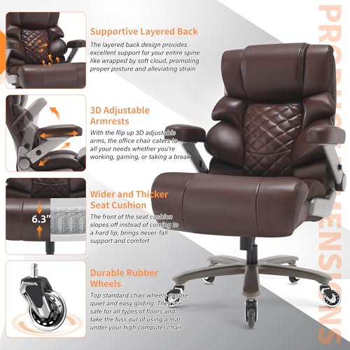 VUZI 700lbs Big and Tall Office Chair, Large Executive Leather Desk Chair - color: Brown