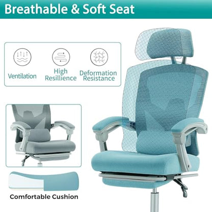 Simple Deluxe Home Office Desk Chair with Footrest, High-Back Mesh Rolling Swivel Reclining Chairs with Wheels, Comfortable Headrest, Lumbar Support, Comfy Arms - color: Blue